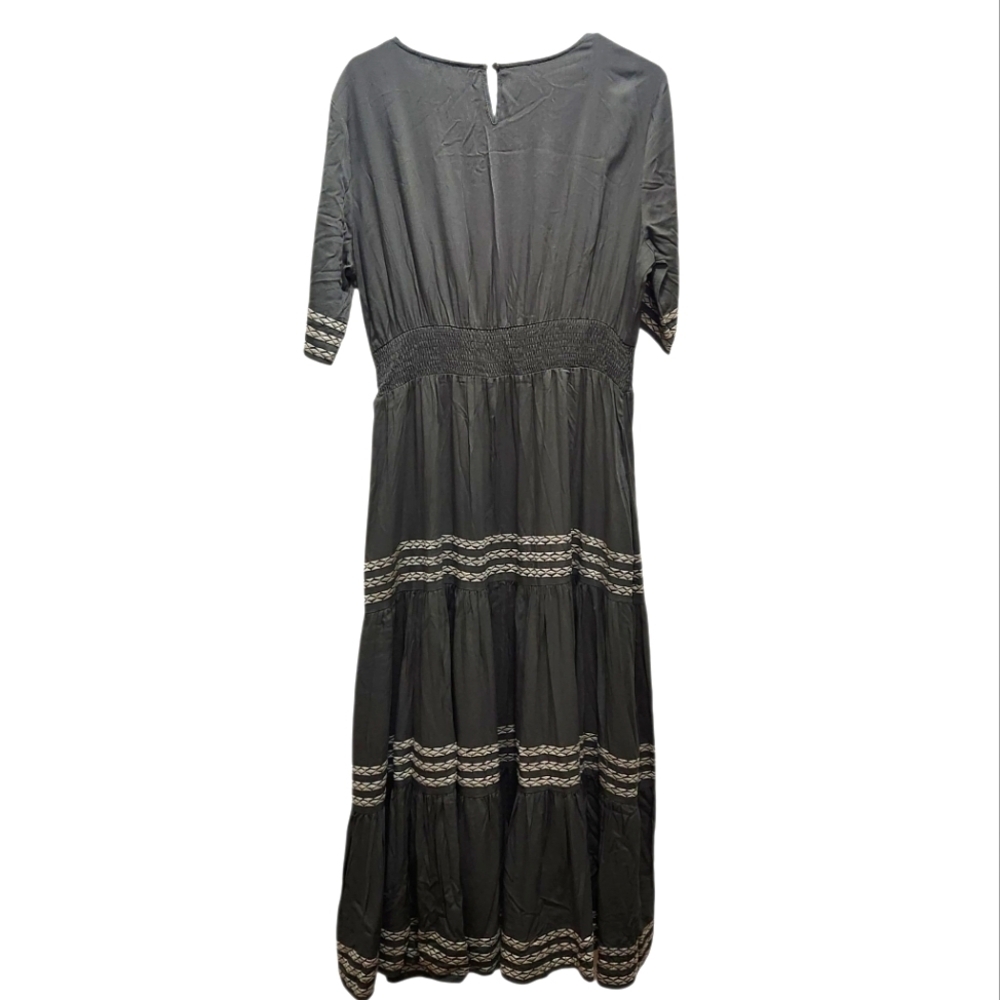 Tea N Rose Olive Green Gray Boho Peasant Praire Maxi Dress Size L - Picture 5 of 7